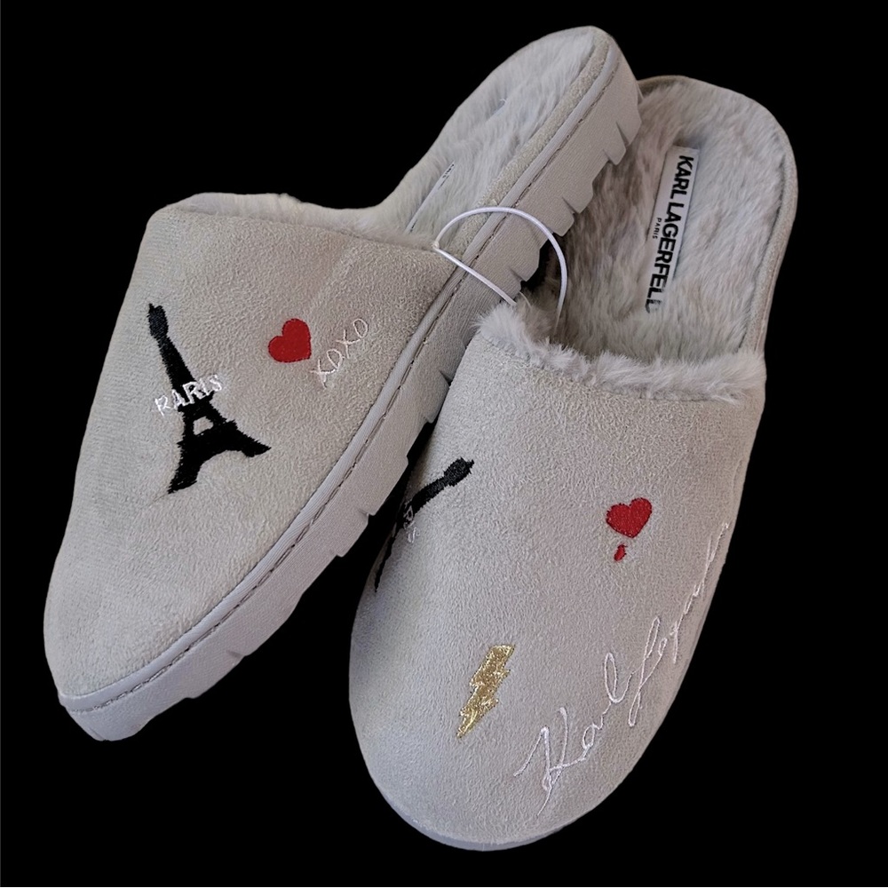 KARL LAGERFELD PARIS LOGO-EMBROIDED FAUX FUR SLIPPERS SANDALS WOMEN …like new